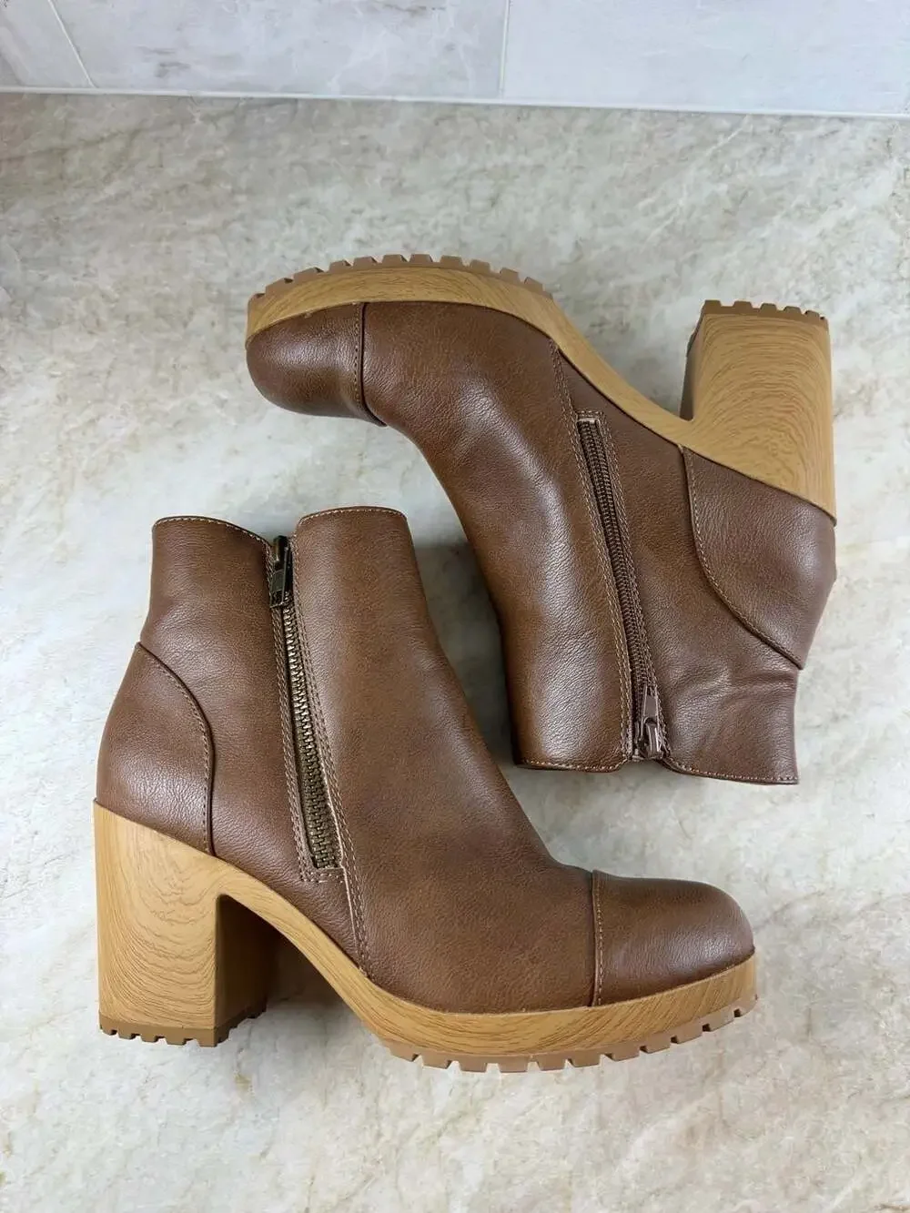 Sun + Stone Rowaan Brown Platform Ankle Boots Block Heel Zip Womens 7.5 M